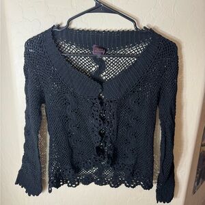 Colour Works Black Crochet Knit Button Front Cardigan Open Weave Boho Top S